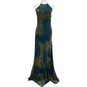 Icon by Kathryn Dianos Green Blue Burnout Velvet Abstract swirl Maxi Dress Party